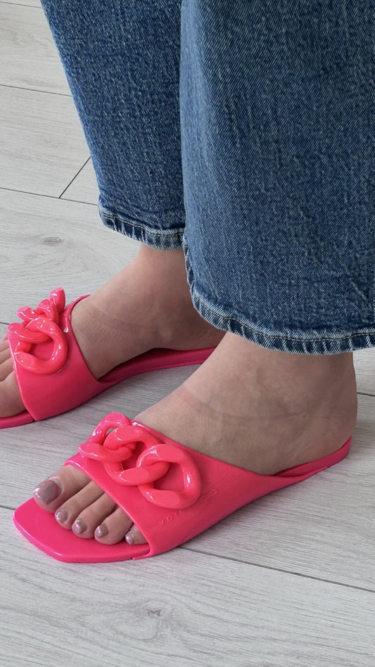 Chinelo Rosa Neon com Corrente - Sapatices