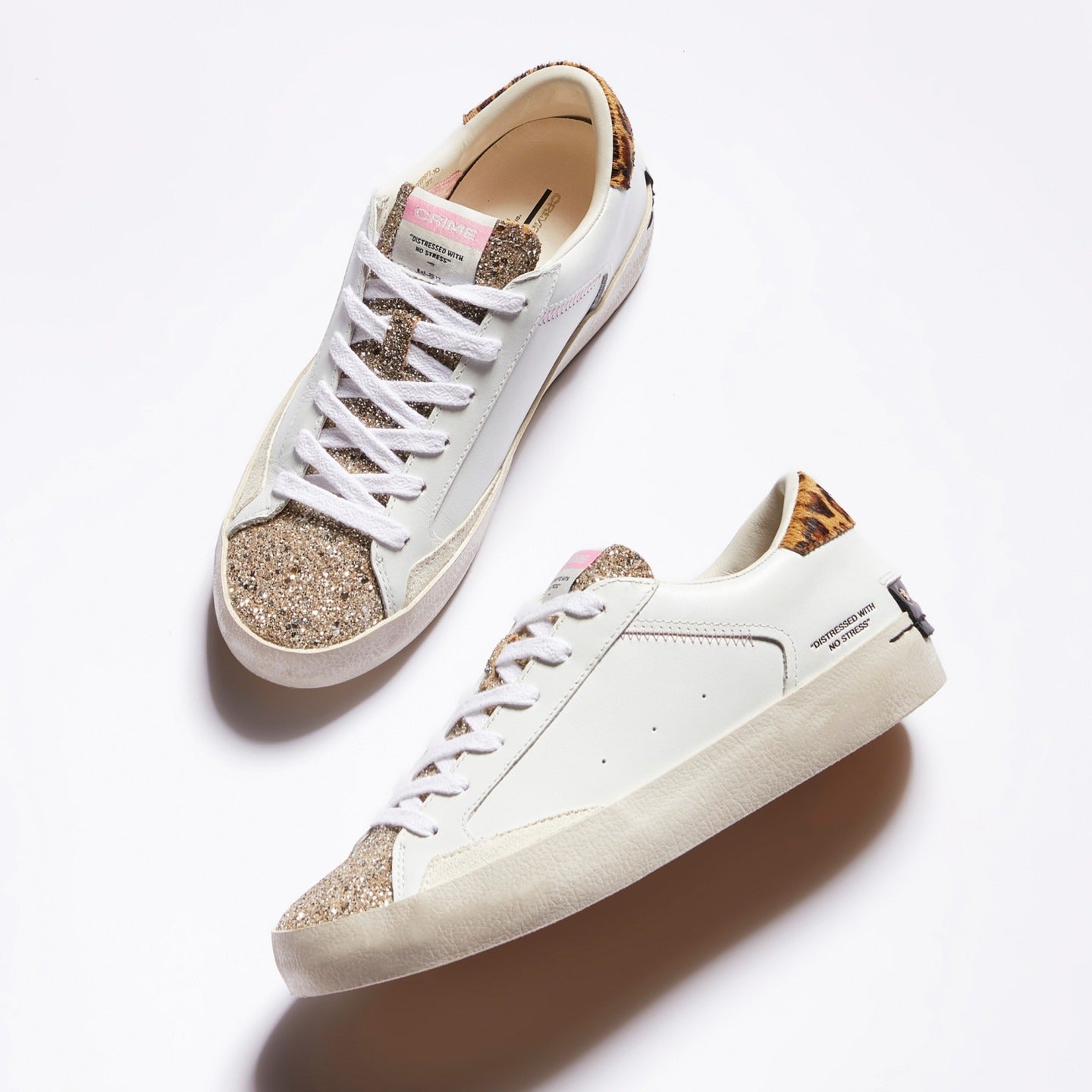 Sapatilhas Distressed Branco com Glitter e Animal Print - Sapatices