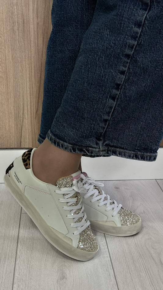 Sapatilhas Distressed Branco com Glitter e Animal Print - Sapatices