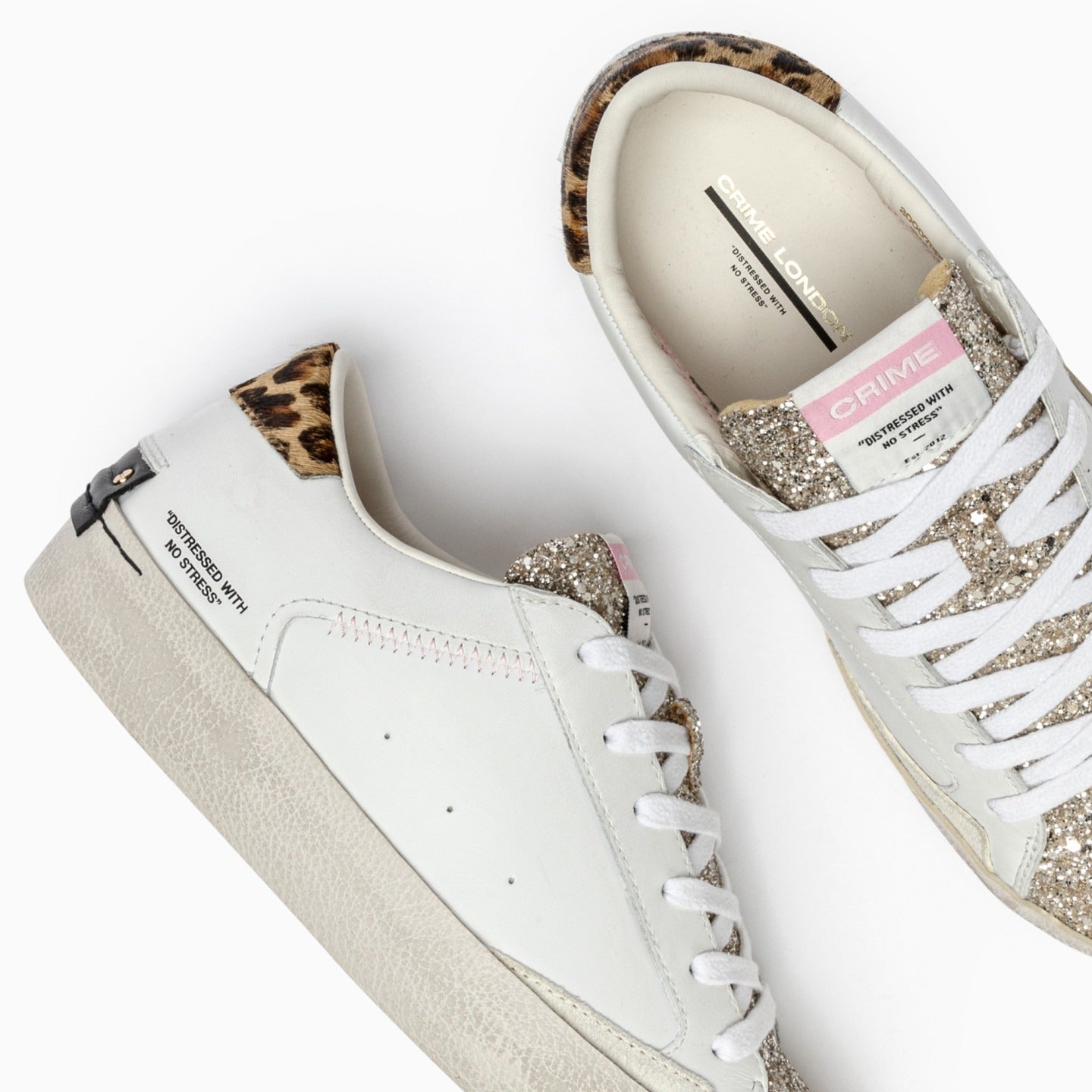 Sapatilhas Distressed Branco com Glitter e Animal Print - Sapatices