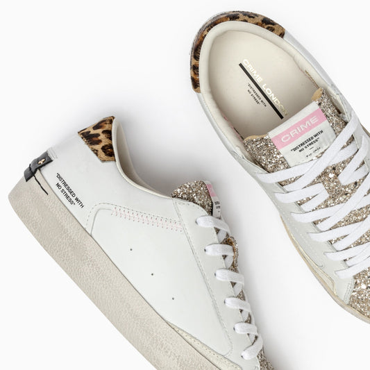 Sapatilhas Distressed Branco com Glitter e Animal Print - Sapatices