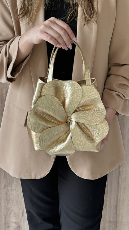 Mala de Mão Rufel com Flor em Relevo – Dourado - Sapatices