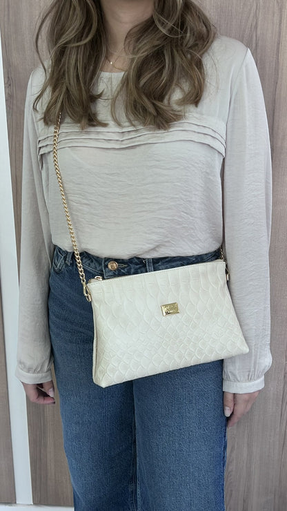 Mala de Ombro Dona V – Bege Textura Croco - Sapatices