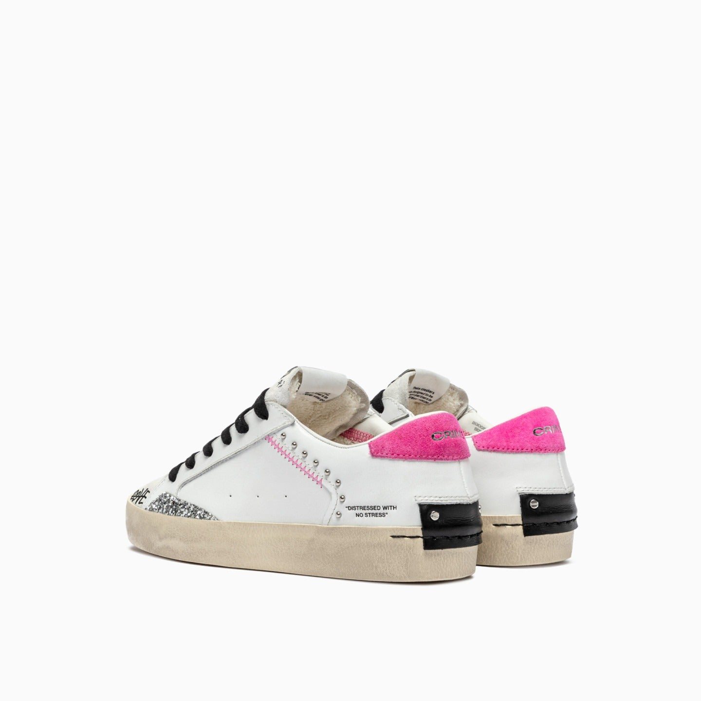 Sapatilhas Distressed em Pele Branca com Glitter Prata - Sapatices