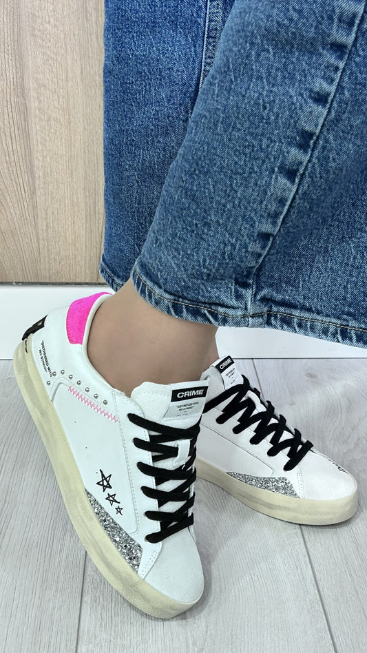 Sapatilhas Distressed em Pele Branca com Glitter Prata - Sapatices