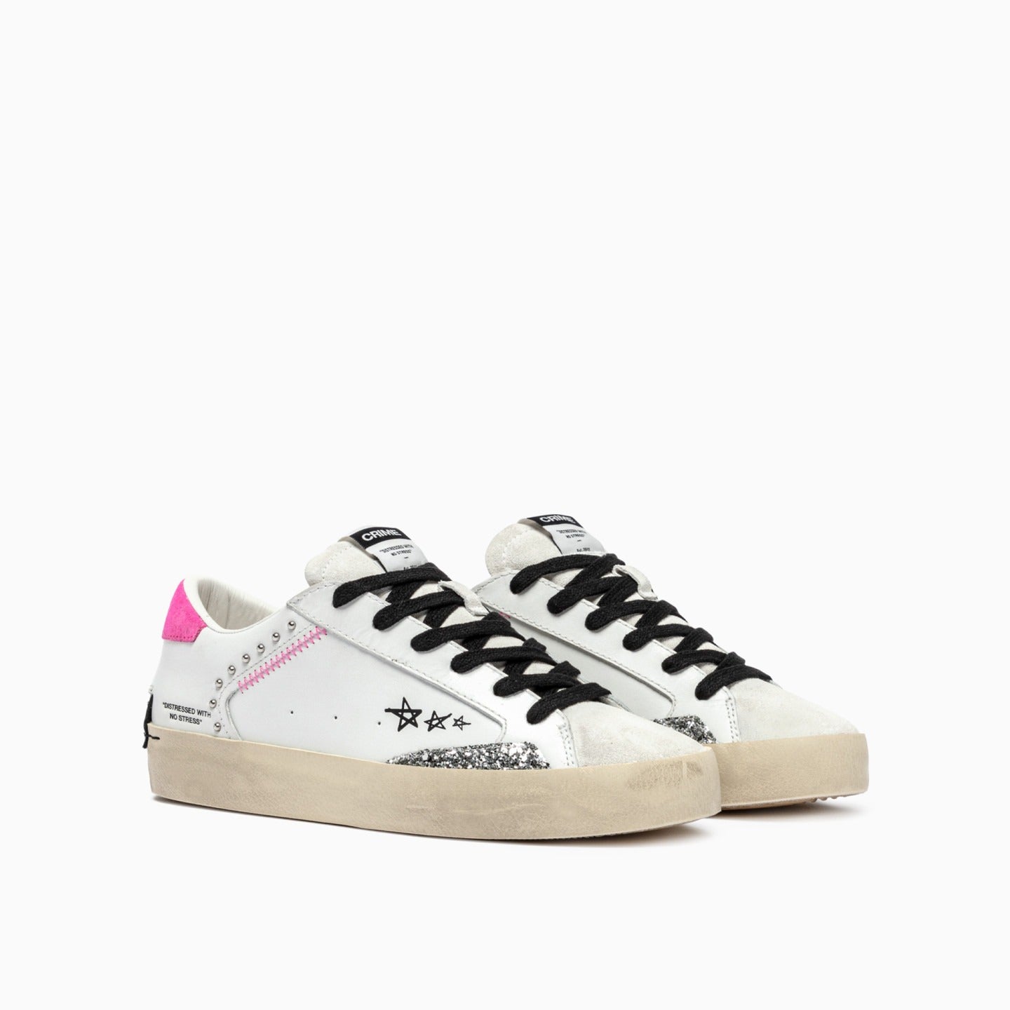 Sapatilhas Distressed em Pele Branca com Glitter Prata - Sapatices