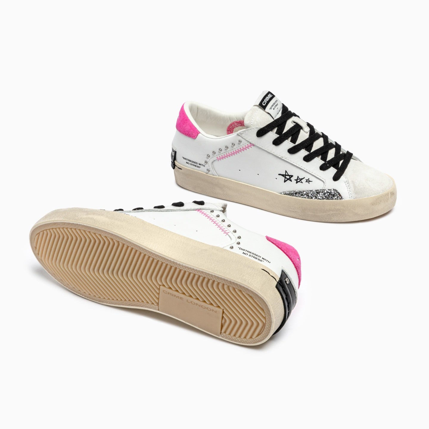 Sapatilhas Distressed em Pele Branca com Glitter Prata - Sapatices