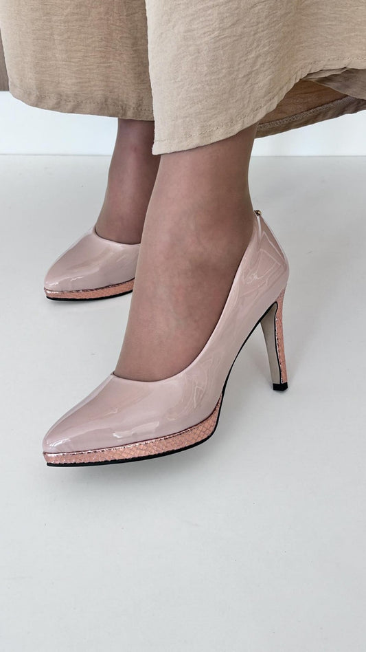 Stileto verniz nude com plataforma - Clip Shoes