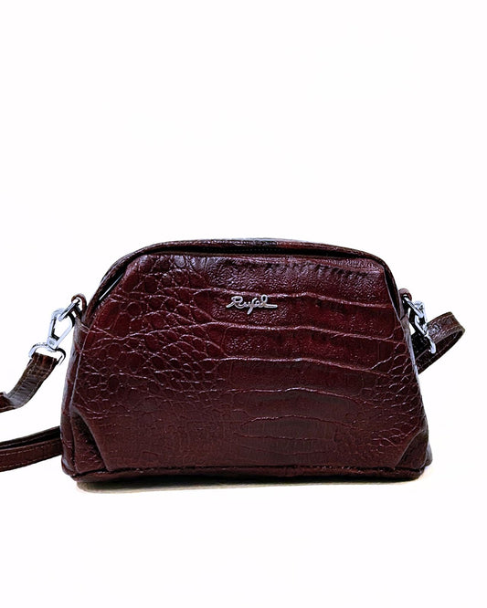 Mala Tiracolo em Pele Castanha Escura com Efeito Croco - Rufel