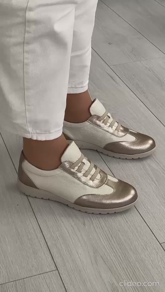 Sapatilha Conforto Walk&Go Branca e Bronze Metalizado