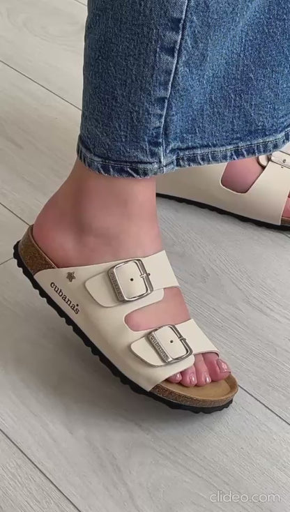 Cuban Sandals with Two Buckles – White