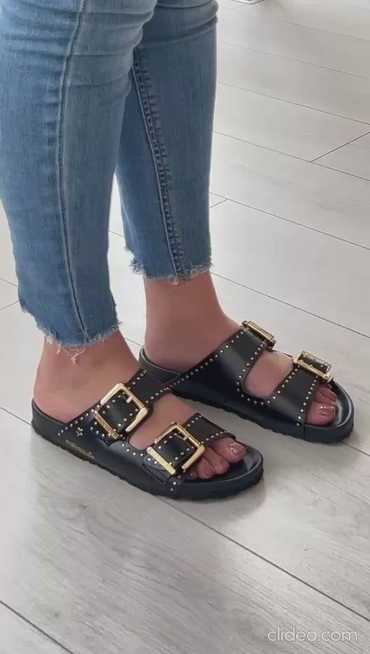 Chinelo Cubanas com Fivelas Douradas – Preto