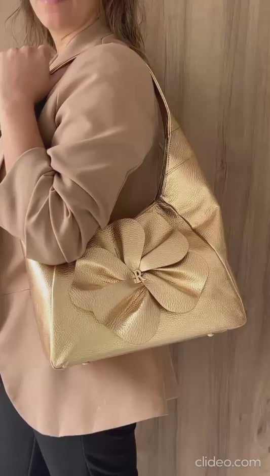 Mala de Ombro Dourada com Flor - Rufel